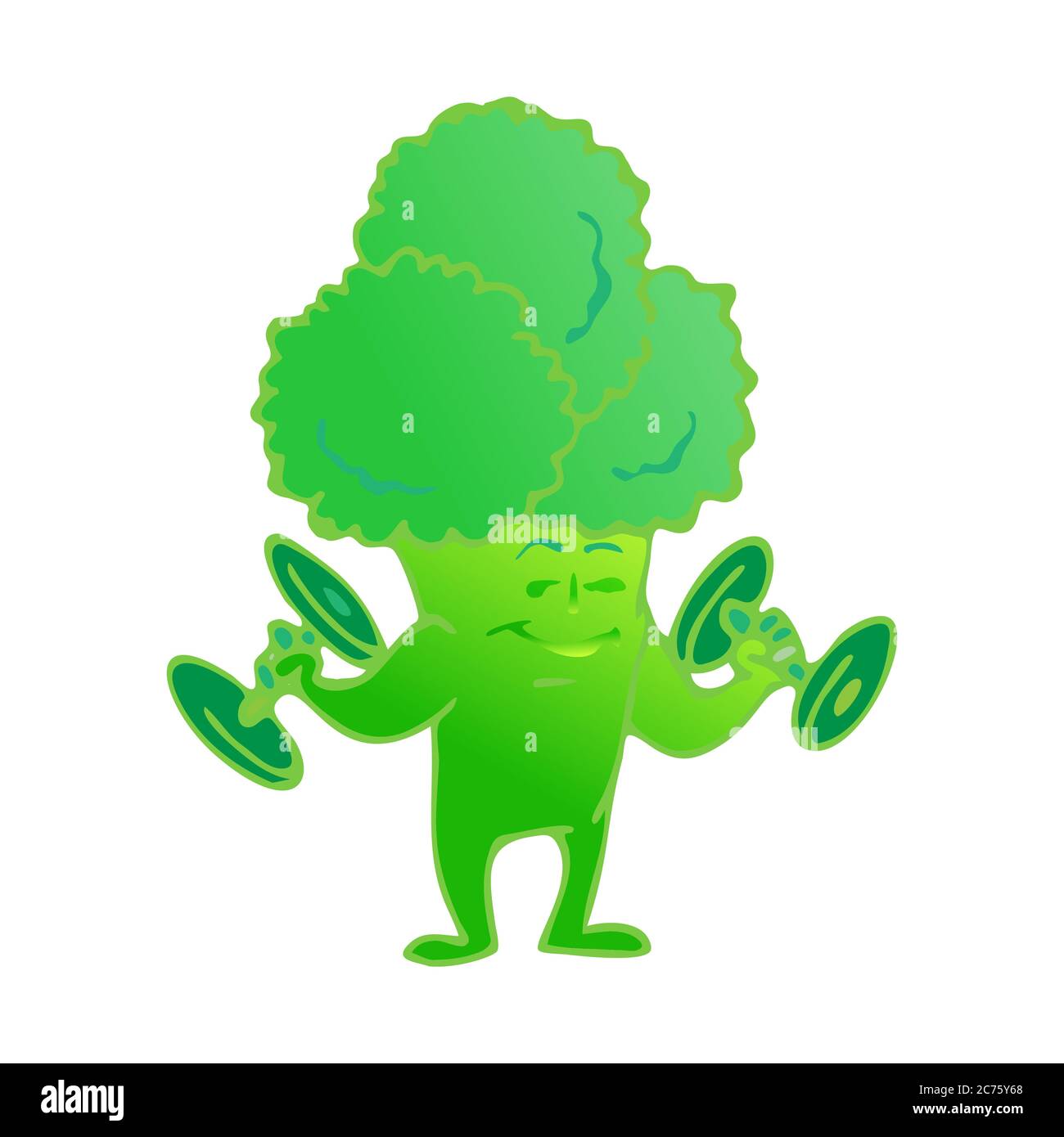 Carino personaggio dei fumetti broccoli che posa e dimostra i suoi muscoli. Cibo sano. Illustrazione vettoriale in stile piatto isolata su bianco. Ottimo per il caffè Illustrazione Vettoriale