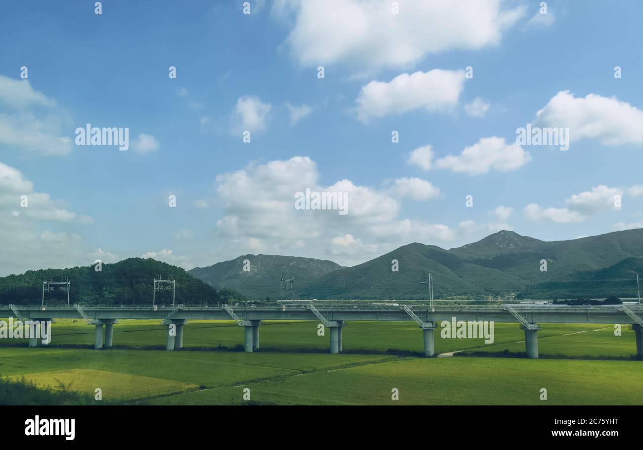 vista dall'alto su campi coltivati verdi che crescono e ferrovia sopra di loro nella zona rurale sud coreana Foto Stock