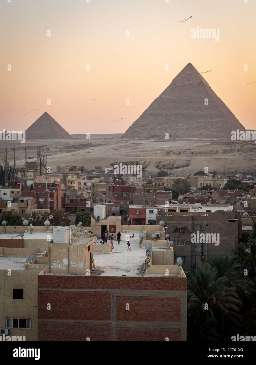 Bambini che giocano su un tetto in egitto di fronte alle piramidi di Giza Foto Stock