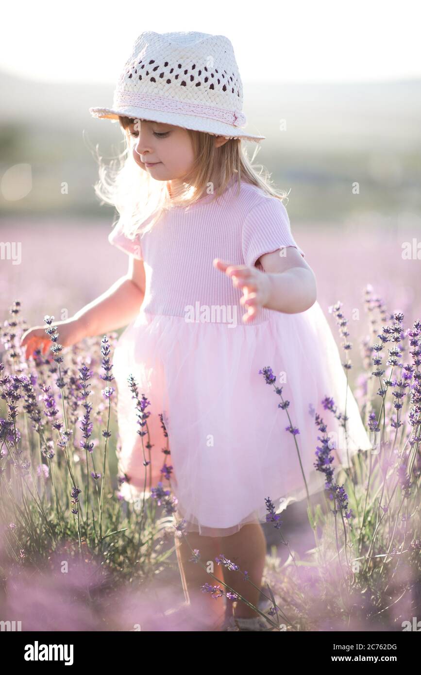 Bambina 1-2 anni con cappello e abito elegante che si posa in un prato di  lavanda all'aperto in uno sfondo soleggiato. Infanzia. Stagione estiva Foto  stock - Alamy