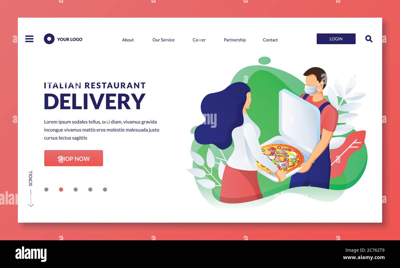 Servizio di consegna a domicilio dal ristorante e dal fast food cafe. Il corriere in maschera dà scatola con pizza alla donna. Illustrazione isometrica 3d vettoriale. Ordinare il pranzo Illustrazione Vettoriale