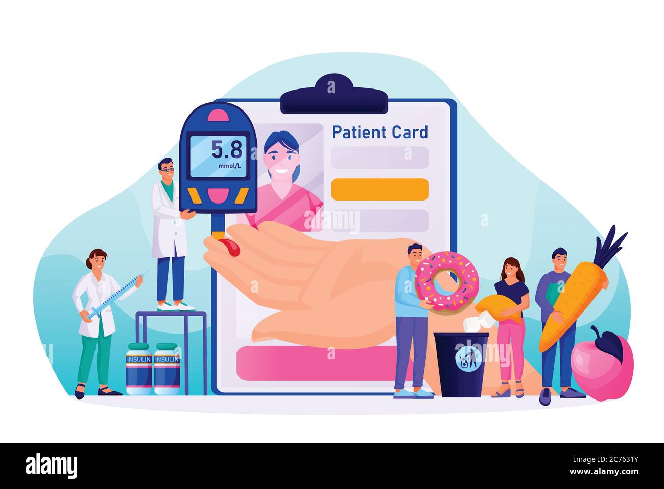 Diabete, glicemia test. Malattie, diagnosi e trattamento del diabete. Illustrazione dei caratteri delle persone vettoriali. Prevenzione del diabete, sano Illustrazione Vettoriale