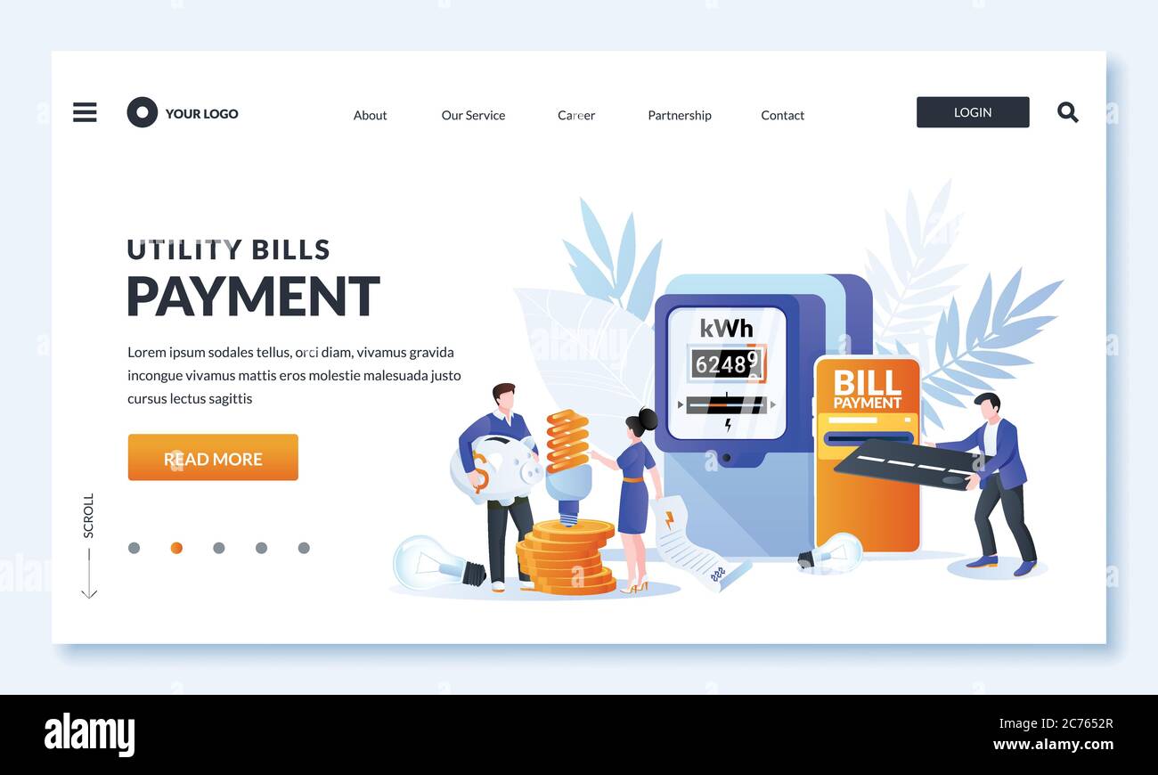 Concetto di pagamento online delle bollette di servizio. Illustrazione vettoriale dei caratteri delle persone, fattura elettrica e contatore elettrico. L'uomo e la donna preoccupati e s Illustrazione Vettoriale