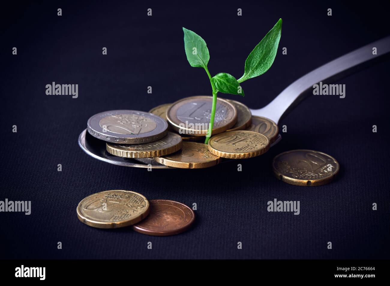Germoglio verde che si infrangono attraverso l'Euro adagiato su un cucchiaio su uno sfondo scuro, profondità di nitidezza poco profonda Foto Stock