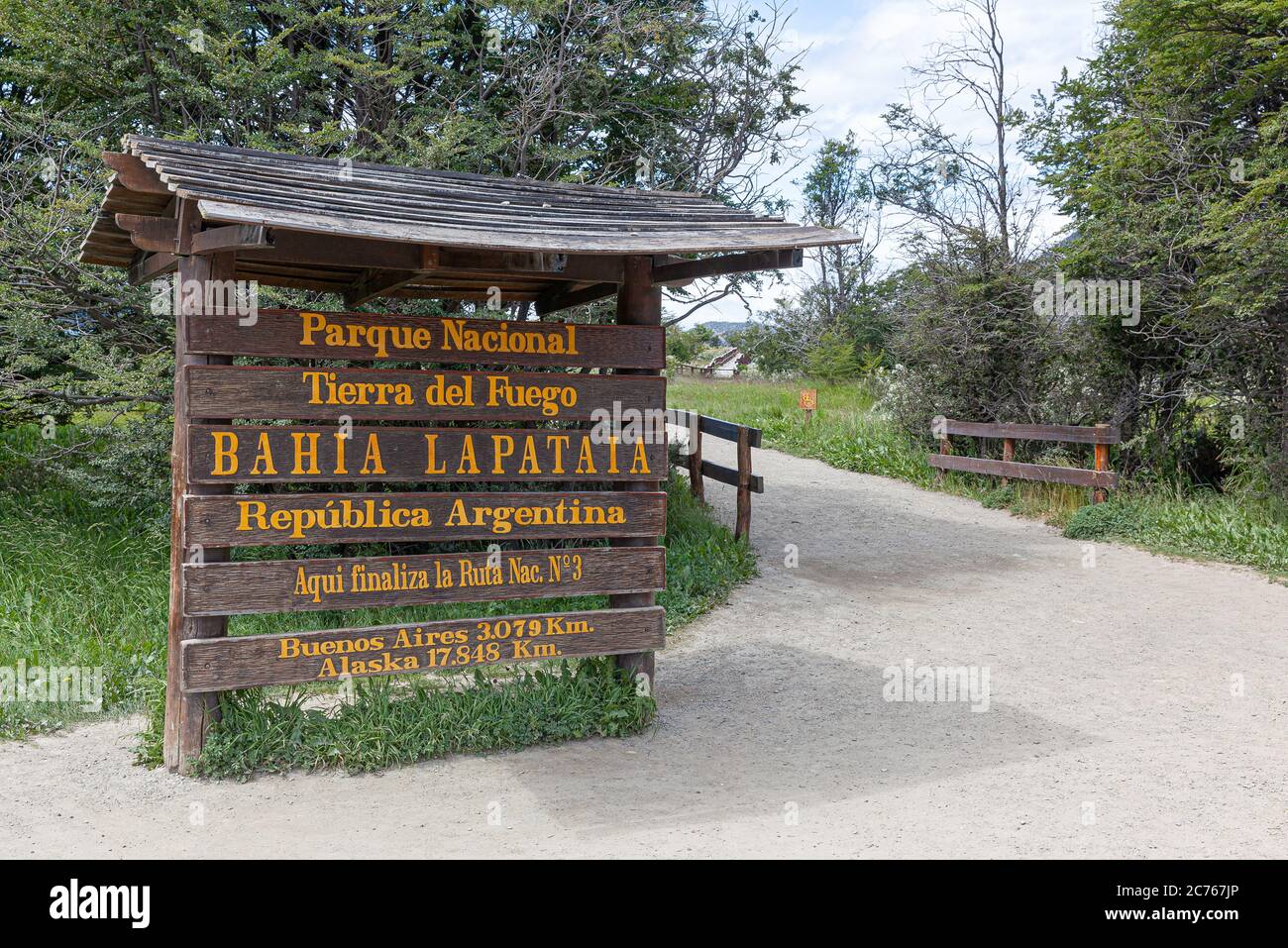 Segno della Baia di Lapataia al Parco Nazionale 'Tierra del Fuego' - Ushuaia - Argentina Foto Stock