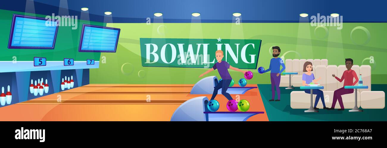 Le persone giocano a bowling gioco illustrazione vettoriale. Cartoon amici attivi giocatori giocare in pista da bowling, giocatori che trascorrono il tempo di divertimento insieme, tempo libero di gioco o attività sportive background Illustrazione Vettoriale