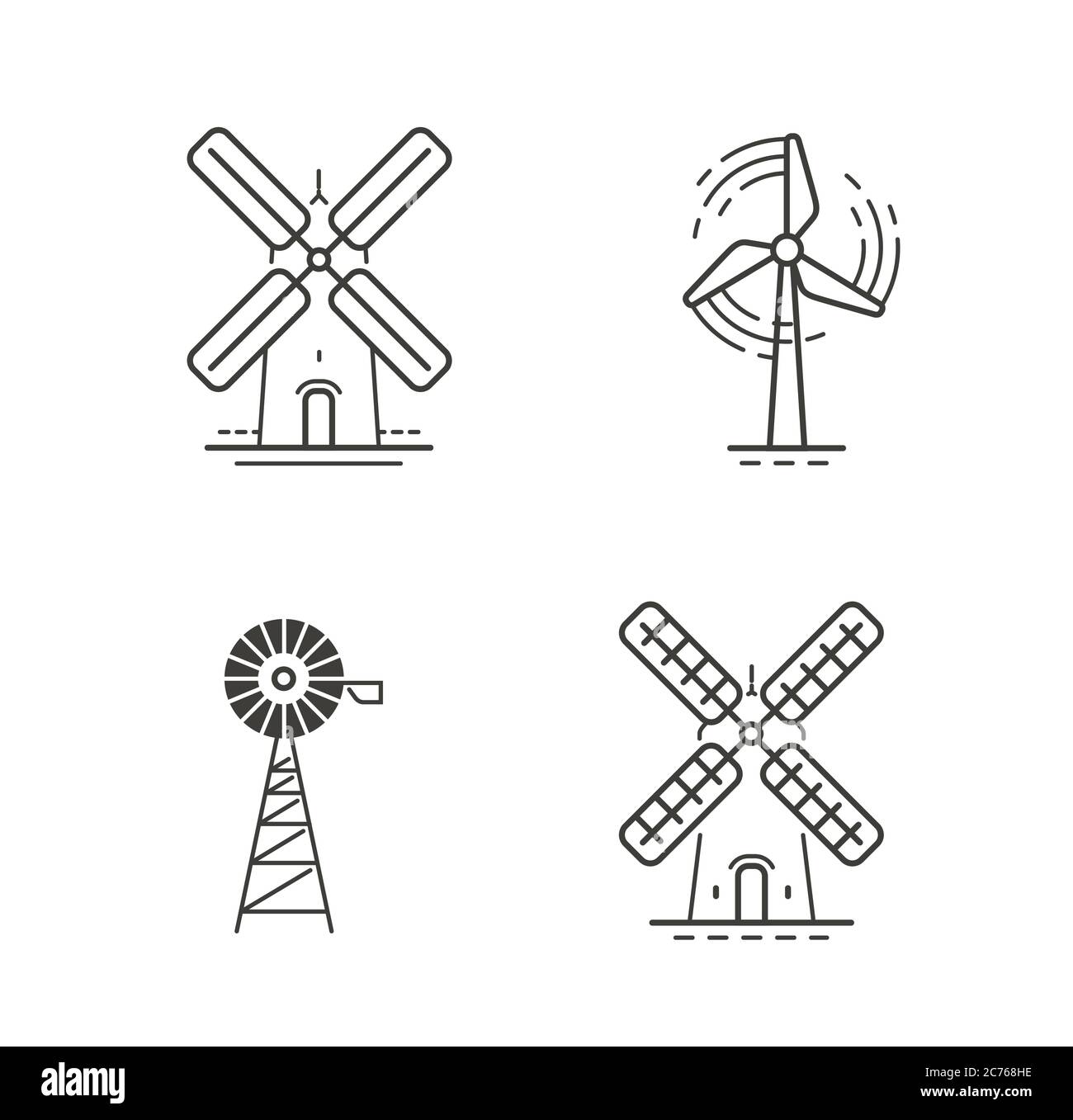 Impostare icone o simboli. Energia rinnovabile, mulino a vento, concetto di industria Illustrazione Vettoriale