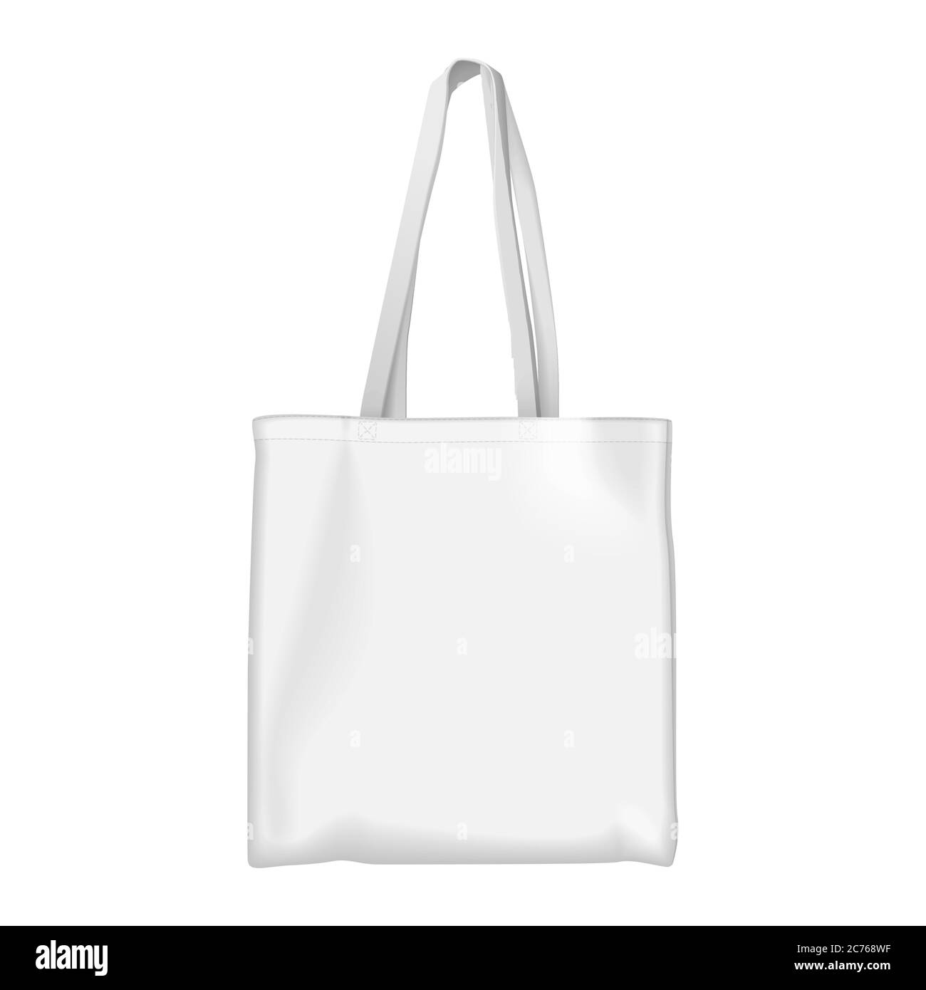 Immagine vettoriale del modello di borsa Eco completamente bianca. Cartoon piatto tessile ambiente amichevole acquirente con eco borsa scritta, acquisti di mercato borsa shopping ecologico, salvare la natura ecologia isolato Illustrazione Vettoriale