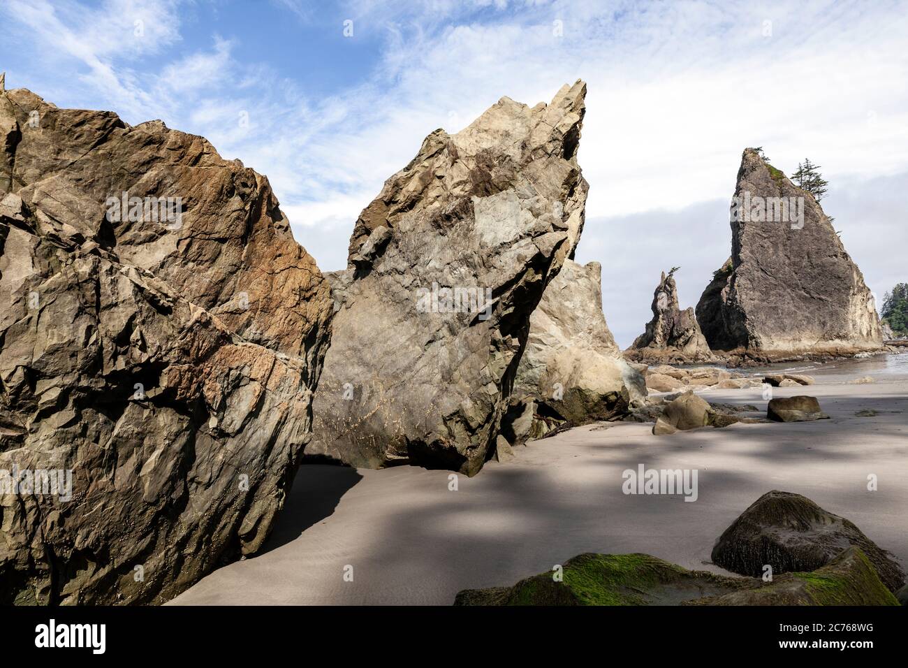 WA17481-00...WASHINGTON - linea costiera rocciosa vicino a Hole-in-the-Wall, all'estremità nord di Rialto Beach, nel Parco Nazionale Olimpico. Foto Stock