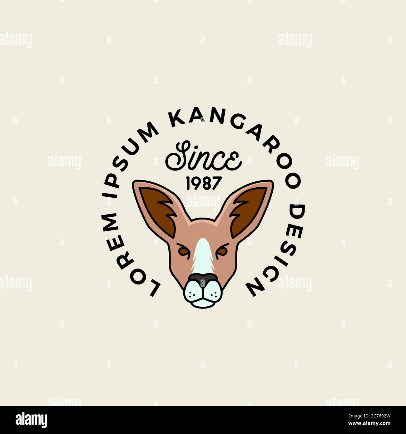 Linea stile Kangaroo faccia con retro tipografia. Segno vettoriale astratto, simbolo o modello di logo. Silhouette cartoon. Illustrazione Vettoriale