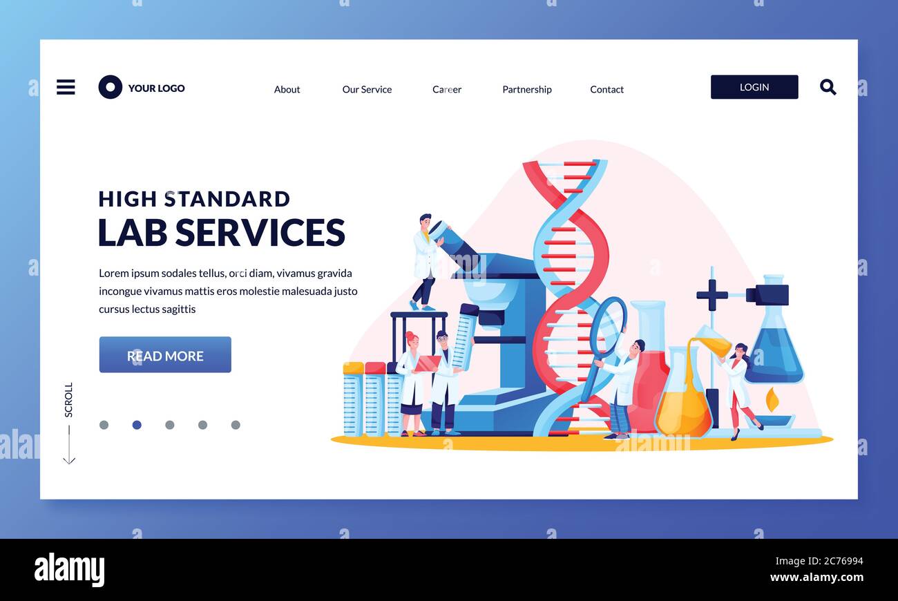 Concetto di ricerca di laboratorio medico e scientifico. Medici, scienziati e assistenti svolgono esperimenti e studi in laboratorio. Caratteri vettoriali e ch Illustrazione Vettoriale