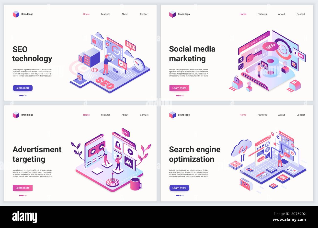 Illustrazione vettoriale del concetto di tecnologia isometrica seo. Creativo moderno promo banner set, sito web design con cartoon 3d seo Search Engine ottimizzazione, annuncio targeting e promozione di social media marketing Illustrazione Vettoriale