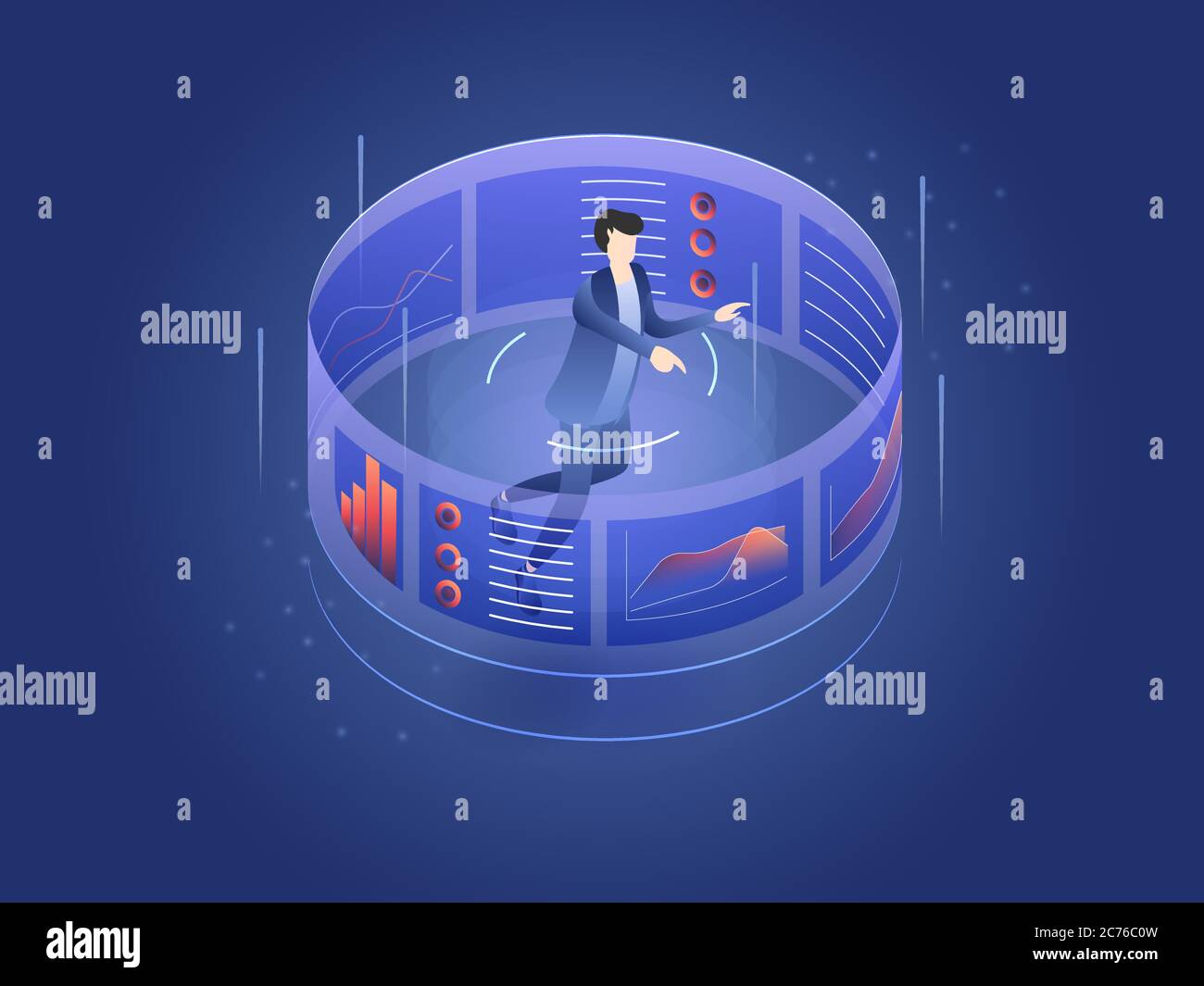 Uomo che guarda e analizza grafici, concetto di analisi aziendale, elaborazione dei big data sullo schermo dell'interfaccia utente. Vettore isometrico isolato 3D Illustrazione Vettoriale