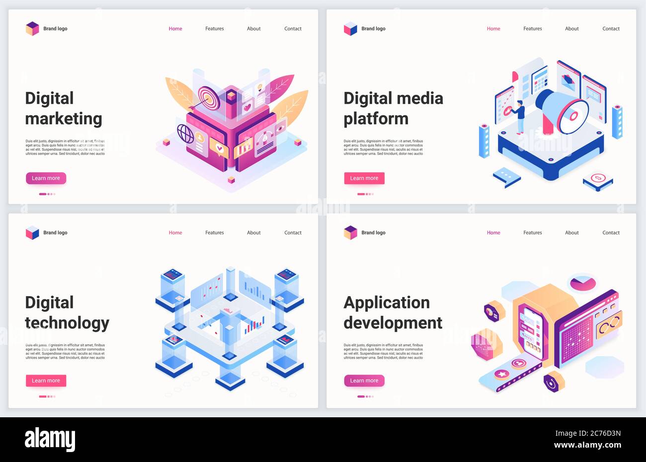 Illustrazione vettoriale della tecnologia di marketing digitale isometrica. Set di banner creativi e moderni, design di siti web con promozione marketing di social media 3D cartoon, servizio di sviluppo di applicazioni digitali Illustrazione Vettoriale