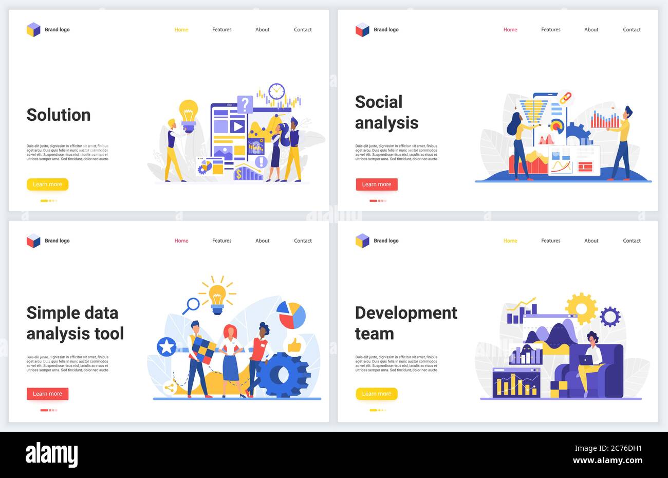 Marketing sui social media, illustrazioni vettoriali sulla tecnologia di analisi dei dati. Progettazione di siti web di interfaccia creativa, banner con cartoni animati piani moderno analisi dei servizi di sviluppo e strumenti di database tecnologico Illustrazione Vettoriale