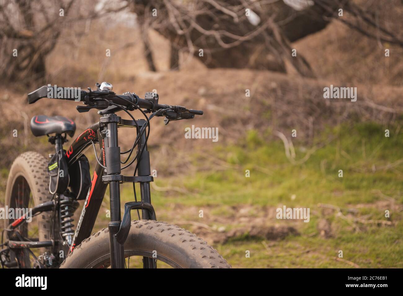 Primo piano di una bicicletta con grandi ruote in campagna. In condizioni di sole, la mountain bike si erge a terra. Foto Stock