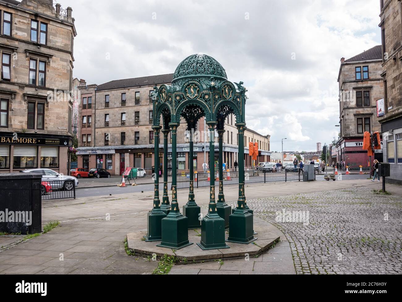 Restaurato Fontana di Saracen Cross a Possilpark, Glasgow, Scozia Foto Stock