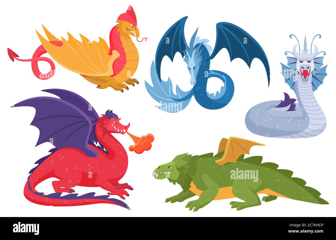 Set di illustrazioni vettoriali Dragon. Cartoon Asian colorful fiaba mitico drago collezione di elementi, fuoco metallo terra albero acqua, fuoco respirando mostri serpenti, fantasy animali isolati su bianco Illustrazione Vettoriale