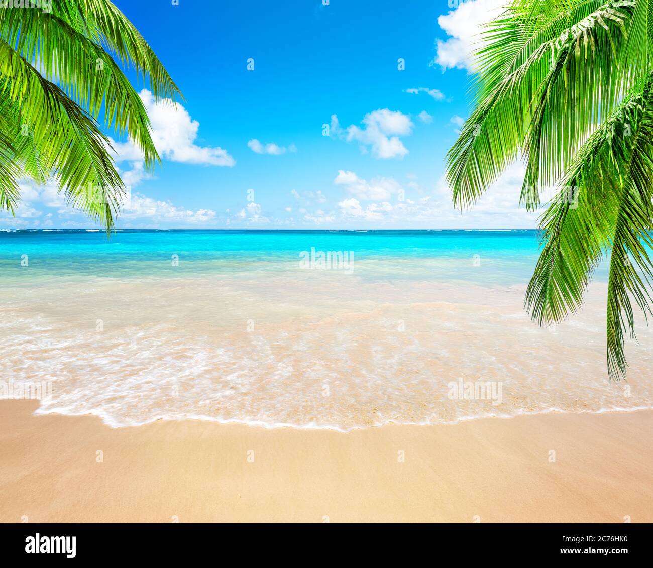 Palme da cocco contro il cielo blu e la bellissima spiaggia di Punta Cana, Repubblica Dominicana. Sfondo vacanze. Vista di un bel tropico Foto Stock