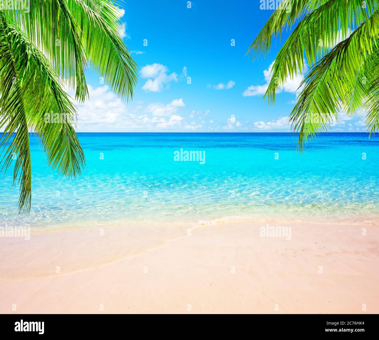 Palme da cocco contro il cielo blu e la bellissima spiaggia di Punta Cana, Repubblica Dominicana. Sfondo vacanze. Vista di un bel tropico Foto Stock