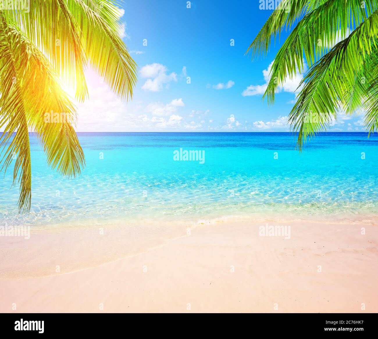 Palme da cocco contro il cielo blu e la bellissima spiaggia di Punta Cana, Repubblica Dominicana. Sfondo vacanze. Vista di un bel tropico Foto Stock