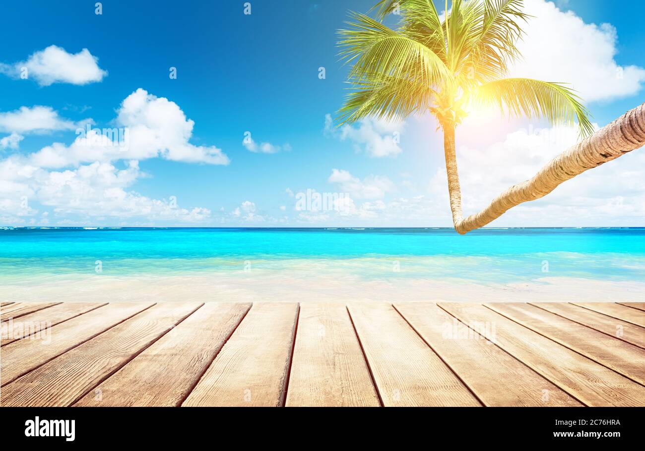 Palme da cocco contro il cielo blu e la bellissima spiaggia di Punta Cana, Repubblica Dominicana. Sfondo vacanze. Vista di un bel tropico Foto Stock