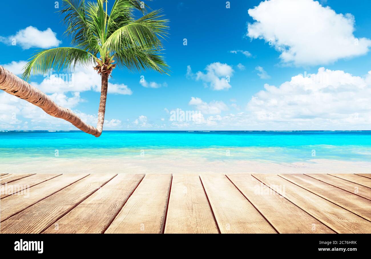 Palme da cocco contro il cielo blu e la bellissima spiaggia di Punta Cana, Repubblica Dominicana. Sfondo vacanze. Vista di un bel tropico Foto Stock