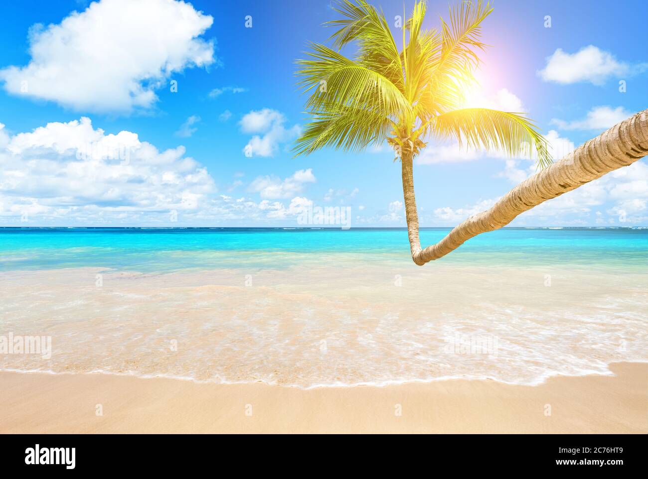 Palme da cocco contro il cielo blu e la bellissima spiaggia di Punta Cana, Repubblica Dominicana. Sfondo vacanze. Vista di un bel tropico Foto Stock