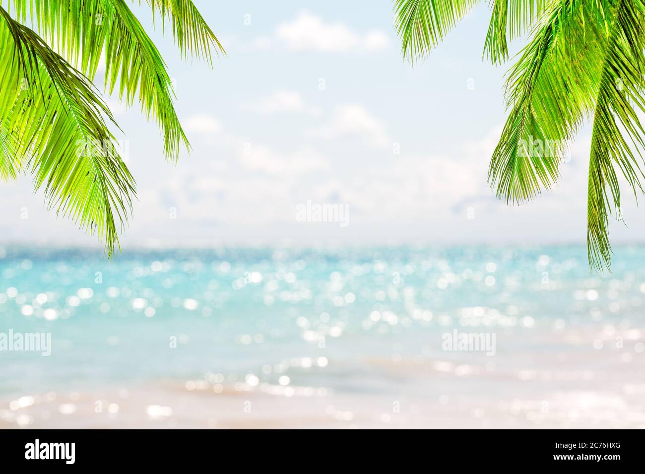 Palme da cocco contro il cielo blu e la bellissima spiaggia di Punta Cana, Repubblica Dominicana. Sfondo vacanze. Vista di un bel tropico Foto Stock