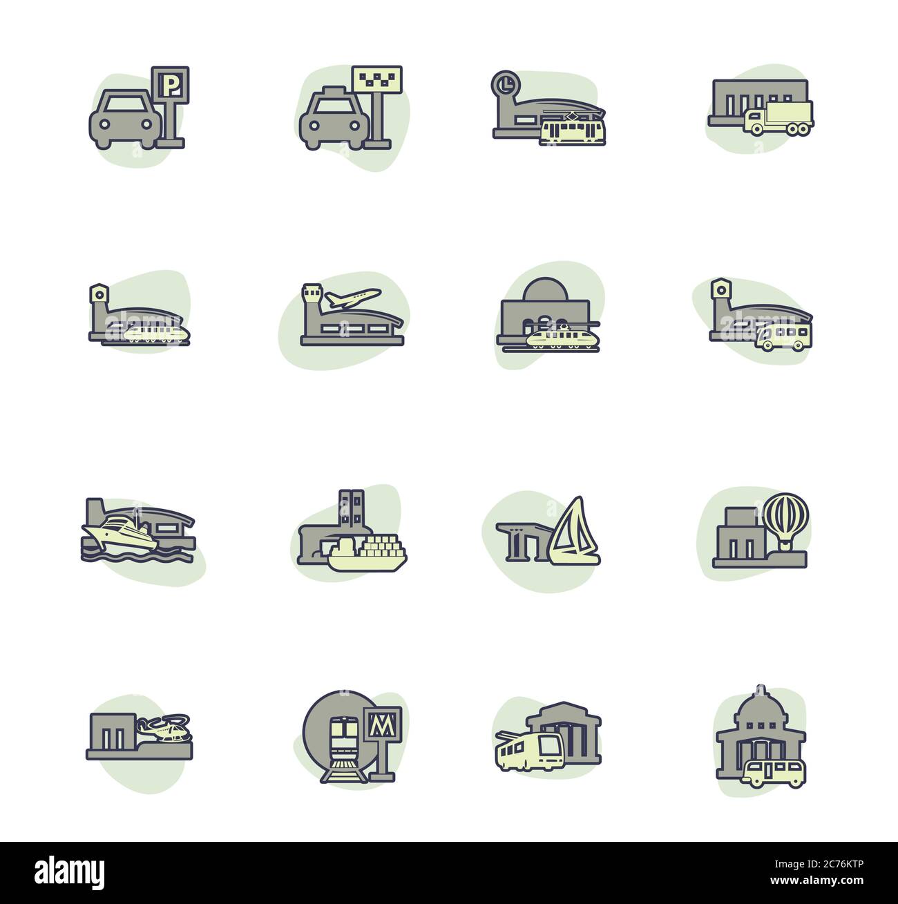 Stazioni di icone di trasporto pubblico set Illustrazione Vettoriale