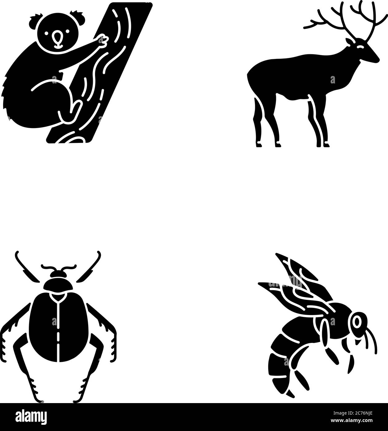 Mammiferi e insetti glifo nero icone set su spazio bianco. Koala tropicale, cervi della foresta, scarabeo e simboli di silhouette di ape. Esotico e ordin Illustrazione Vettoriale Mammiferi e insetti glifo nero icone set su spazio bianco. Koala tropicale, cervi della foresta, scarabeo e simboli di silhouette di ape. Esotico e ordin Illustrazione Vettoriale