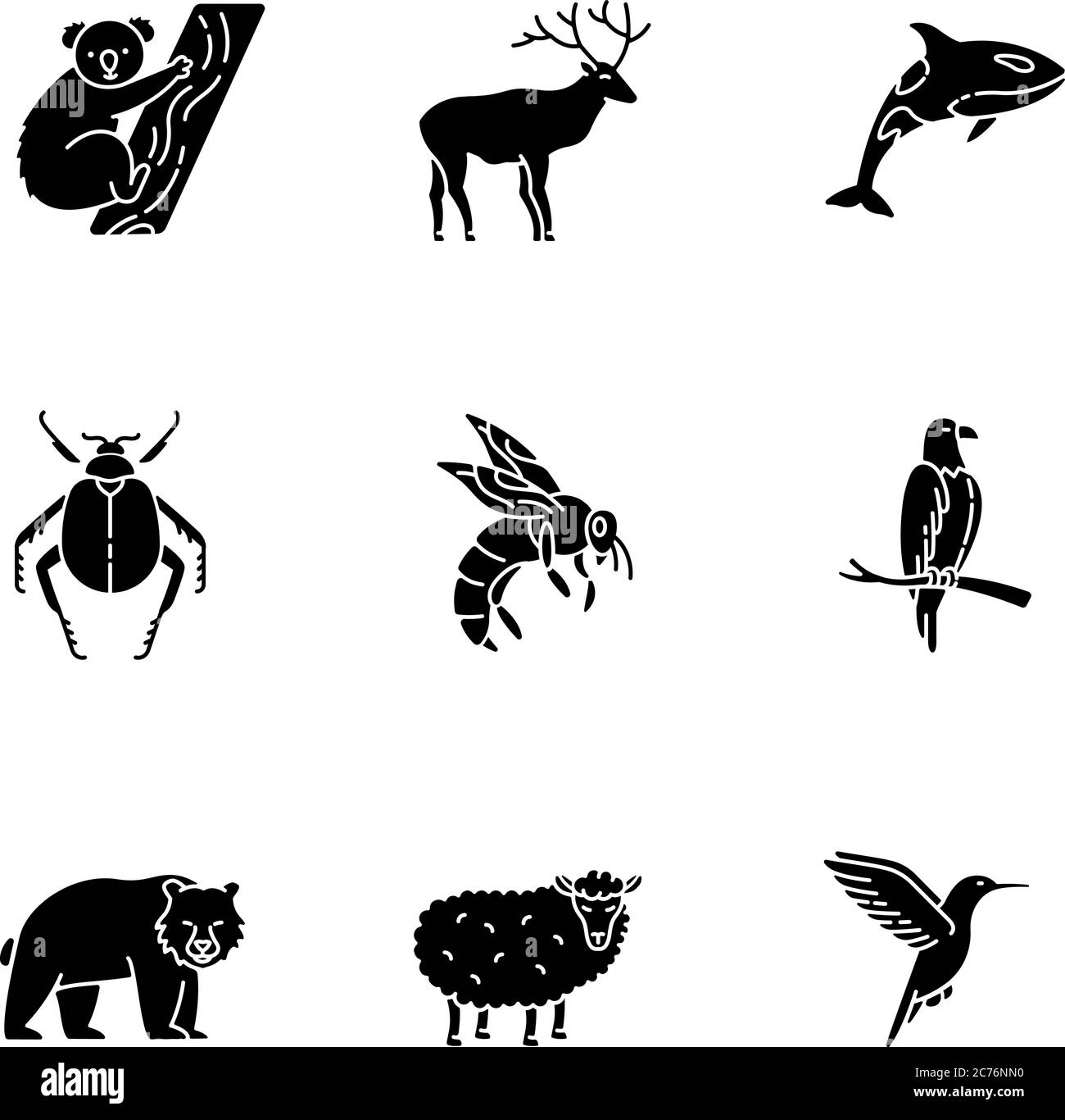 Specie animale glifo nero icone impostato su spazio bianco. Uccelli volanti, animali terrestri e creature marine simboli di silhouette. Fauna selvatica varia, esotica e ord Illustrazione Vettoriale