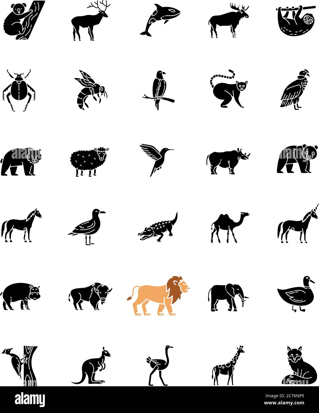 Icone glifo nero della fauna selvatica sullo spazio bianco. Animali ordinari e simboli tropicali di silhouette di vita selvaggia. Diversi abitanti della natura, uccelli, mammiferi Illustrazione Vettoriale