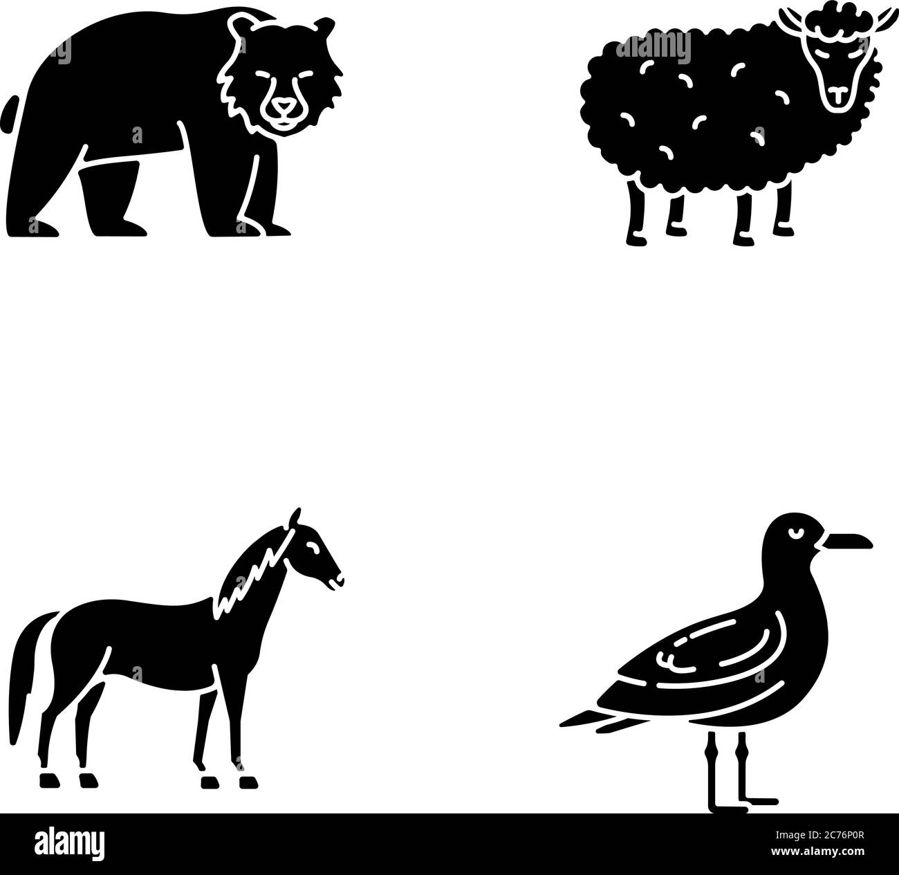 Animali domestici e selvatici glifo nero icone set su spazio bianco. Simboli di silhouette di orso, gabbiano, cavallo e pecora. Mammiferi e uccelli. Foresta fauna selvatica a Illustrazione Vettoriale Animali domestici e selvatici glifo nero icone set su spazio bianco. Simboli di silhouette di orso, gabbiano, cavallo e pecora. Mammiferi e uccelli. Foresta fauna selvatica a Illustrazione Vettoriale