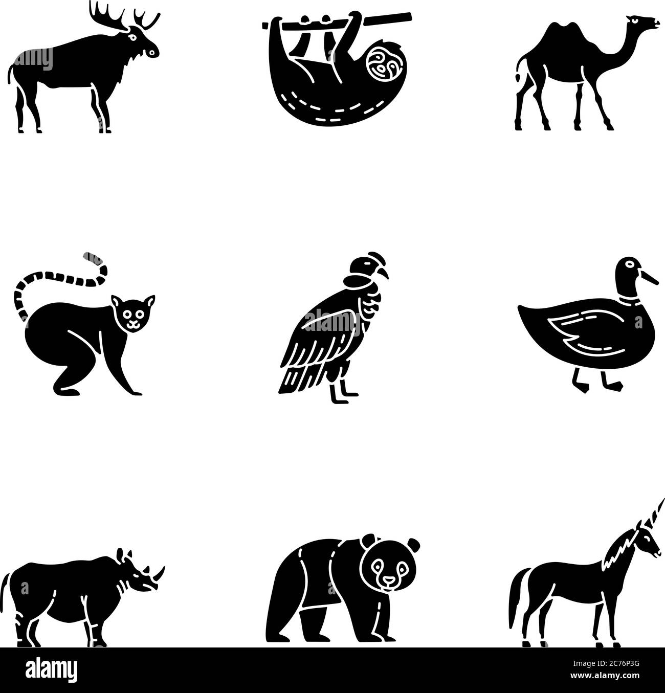 Mammiferi e uccelli glifo nero icone set su spazio bianco. Simboli di silhouette degli animali volanti e terrestri. Fauna selvatica foresta comune, fauna tropicale e fantasia Illustrazione Vettoriale