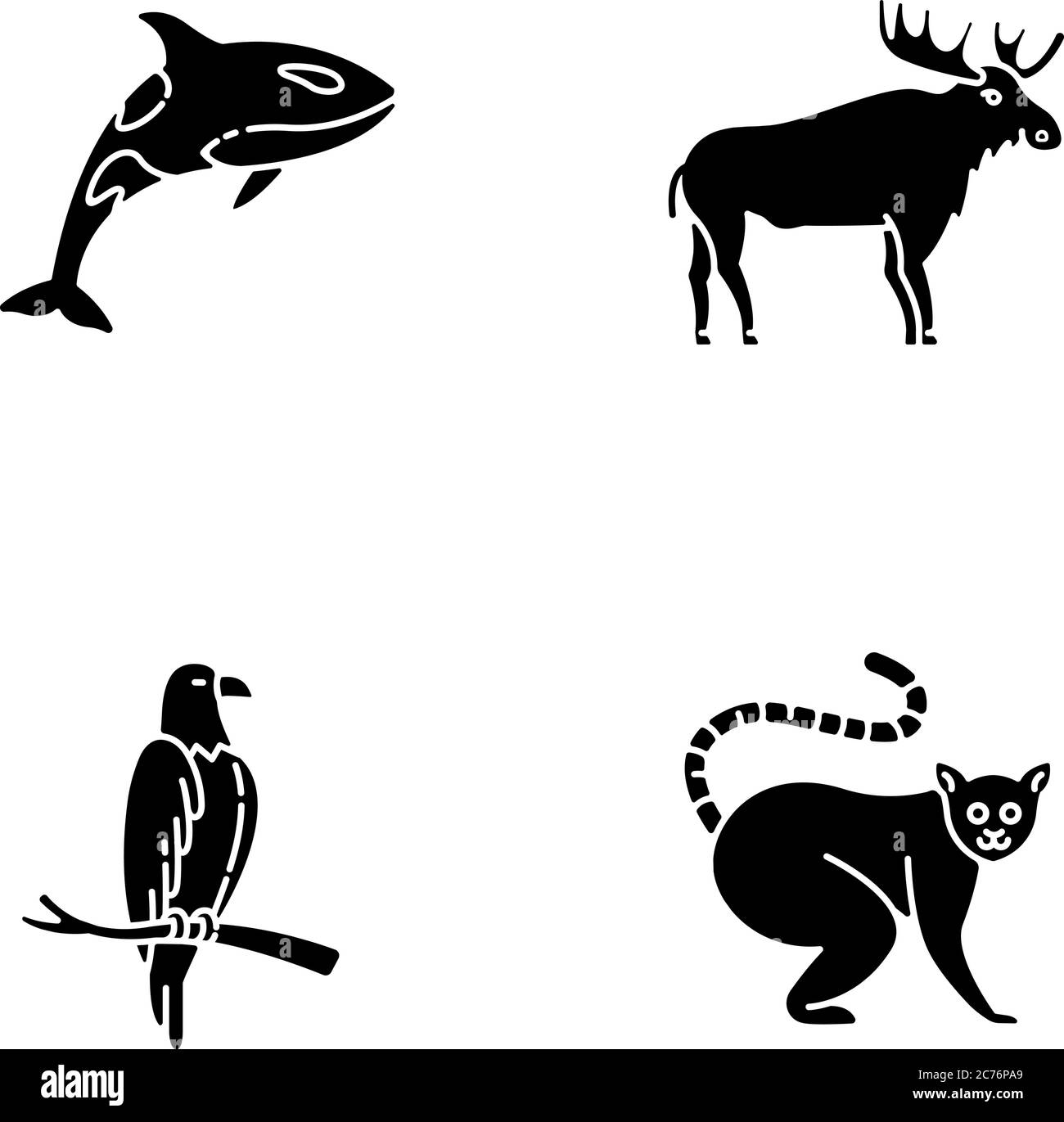 Diverse specie animali glifo nero icone impostato su spazio bianco. Balena killer, lemuri esotici, aquila e simboli di silhouette di alci. Uccello predatorio, terra anim Illustrazione Vettoriale Diverse specie animali glifo nero icone impostato su spazio bianco. Balena killer, lemuri esotici, aquila e simboli di silhouette di alci. Uccello predatorio, terra anim Illustrazione Vettoriale