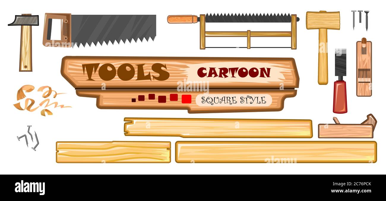 Set di attrezzi per falegnami. Vettore. Martello in acciaio e legno, sega, sega ad arco, chiodi, chiodi piegati, trucioli, scalpello. Stile cartone animato. Oggetto isolato su un bianco Illustrazione Vettoriale