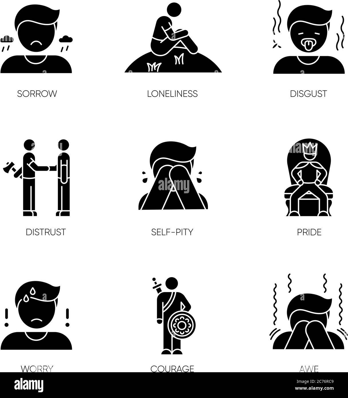 Sentimenti negativi glifo nero icone impostato su spazio bianco. Cattive emozioni, stati psicologici silhouette simboli. Comportamento umano, reazioni ed emotività Illustrazione Vettoriale