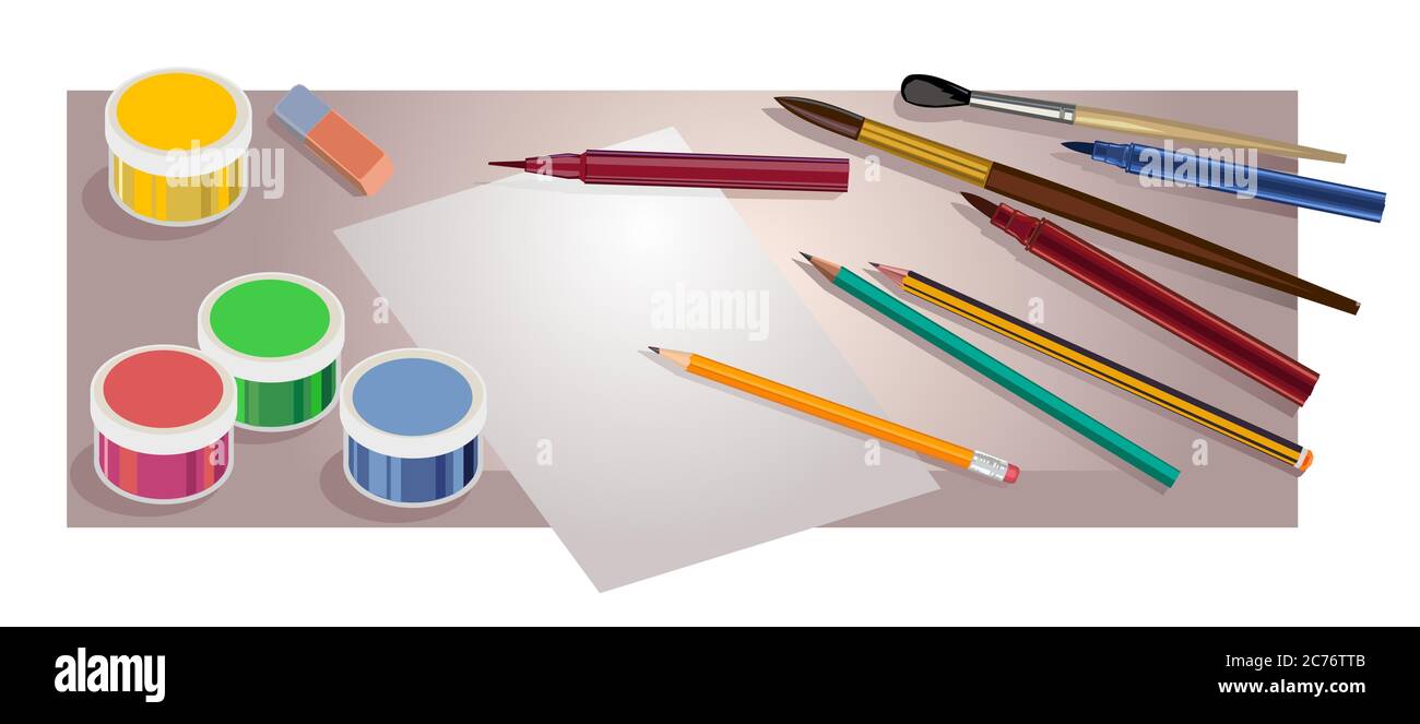 Pennelli, matite e vernici sulla scrivania dell'artista. Illustrazione Vettoriale