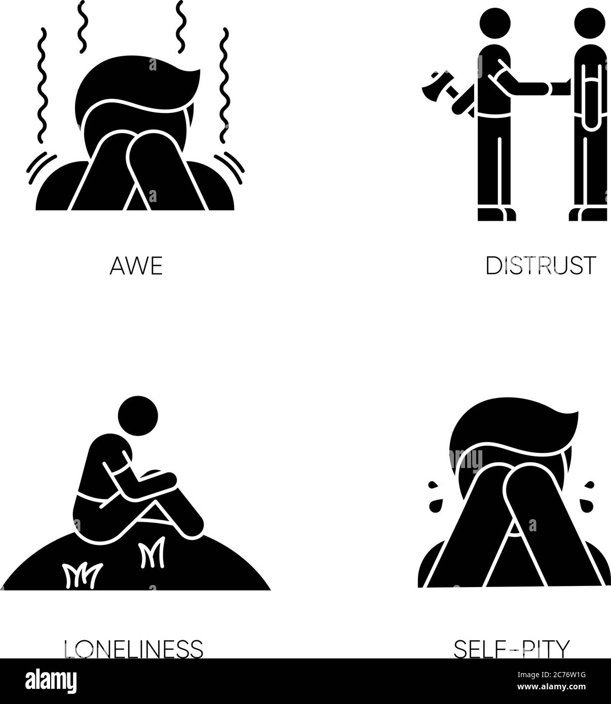 Emozioni negative e cattive sensazioni glifo nero icone set su spazio bianco. Comportamento umano, stati psicologici silhouette simboli. Sfiducia, solitudine Illustrazione Vettoriale