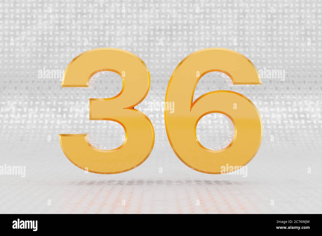 Giallo 3d numero 36. Numero metallico giallo lucido su fondo di metallo. Alfabeto in metallo dorato lucido con riflessi luminosi da studio. carattere del carattere del carattere 3d con rendering. Foto Stock