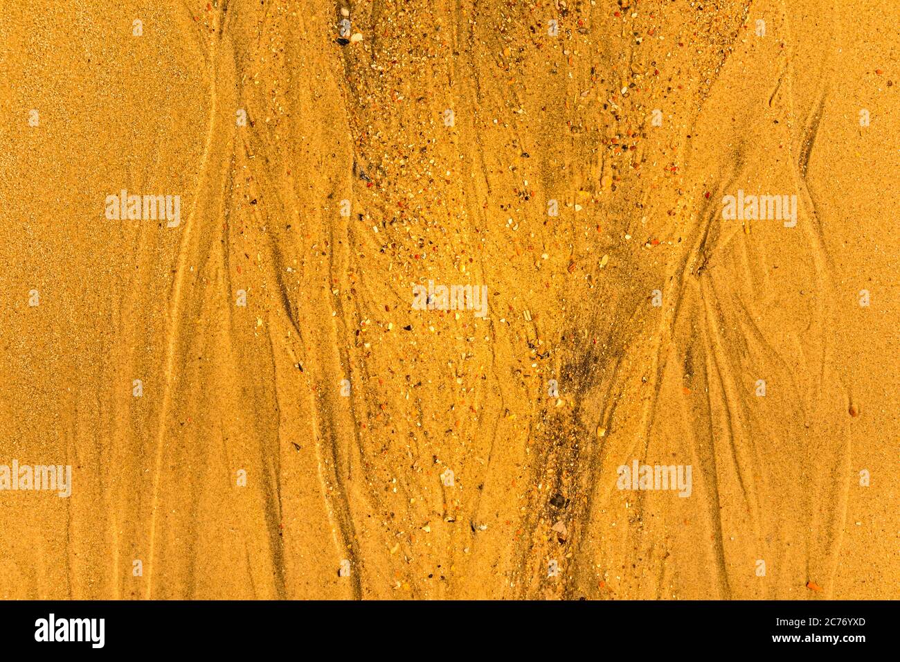 Close-up di sabbia con modi di marea e conchiglie sulla spiaggia, piena di tessitura del telaio Foto Stock