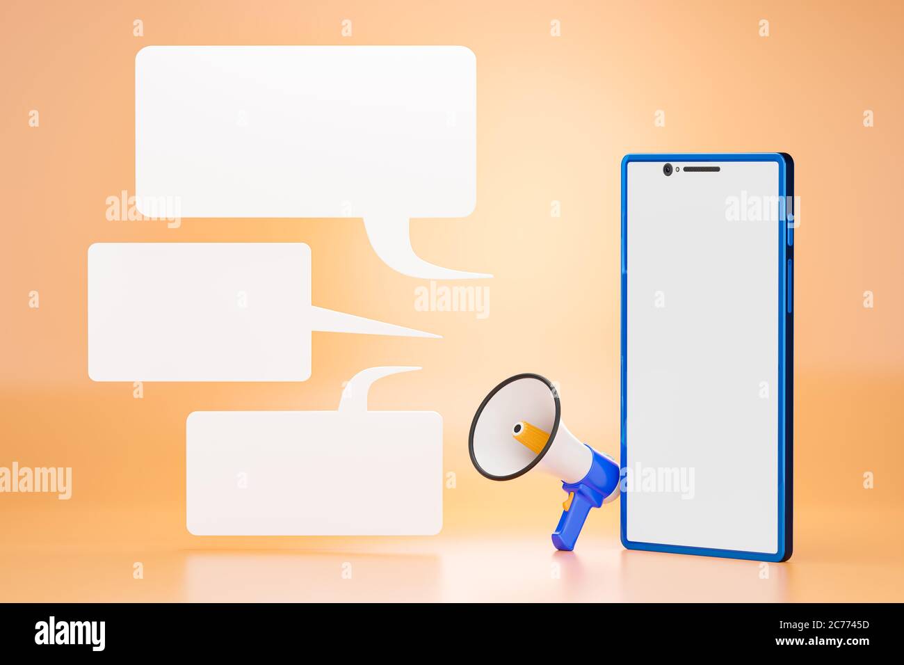 Telefono cellulare blu e caselle di chat vuote davanti al megafono su sfondo arancione. Il concetto di notifiche o annunci di notizie da tenere in debita Foto Stock