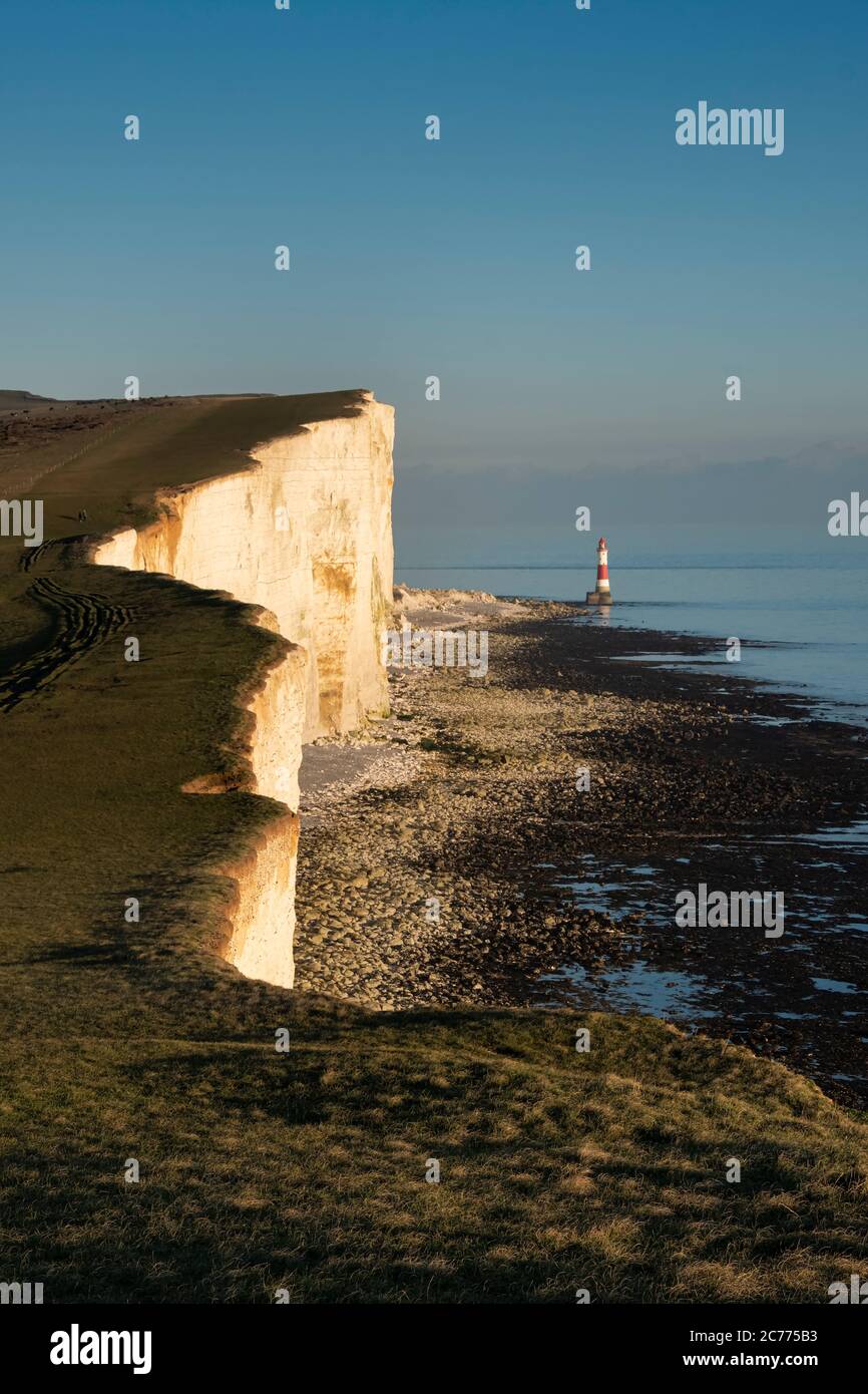 Luce serale sul faro di Beachy Head e Beachy Head, vicino a Eastbourne, South Downs National Park, East Sussex, Inghilterra, Regno Unito Foto Stock