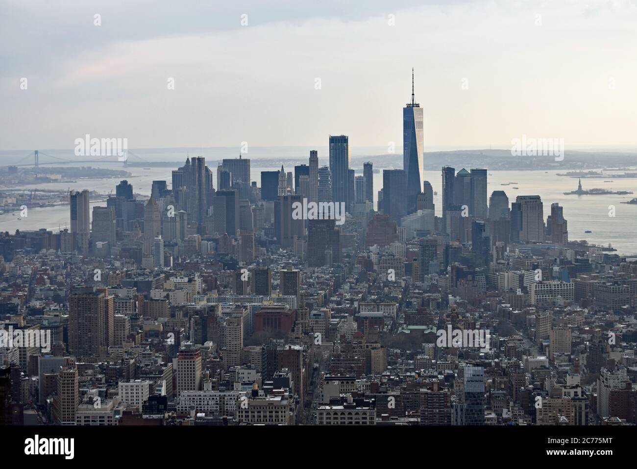 Lo skyline del centro di New York City è stato ripreso dall'Empire state Building. Il One World Trade Center, la Statua della libertà e il ponte Verrazano sono visibili. Foto Stock