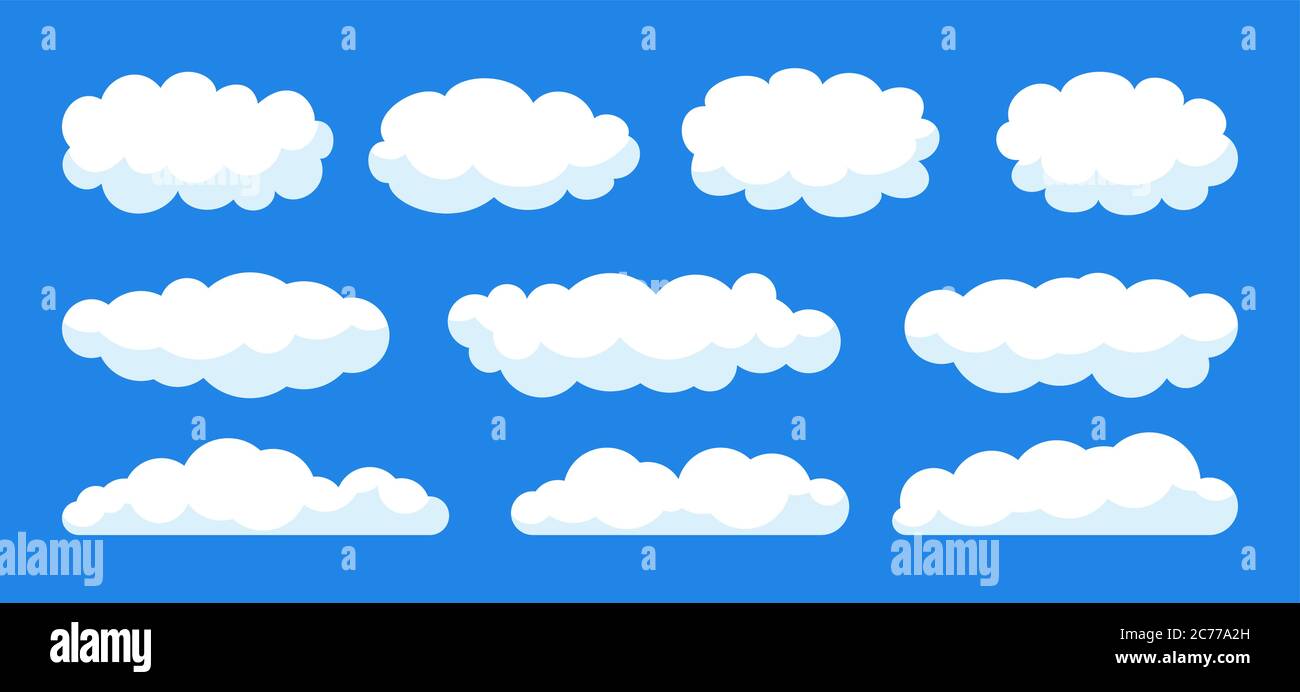 Cloud con ombra e volume impostati. Astratto nuvoloso collezione stile cartoon piano. Etichetta, simboli le nuvole formano nuvole diverse. Natura elementi meteo cielo. Illustrazione vettoriale isolata Illustrazione Vettoriale