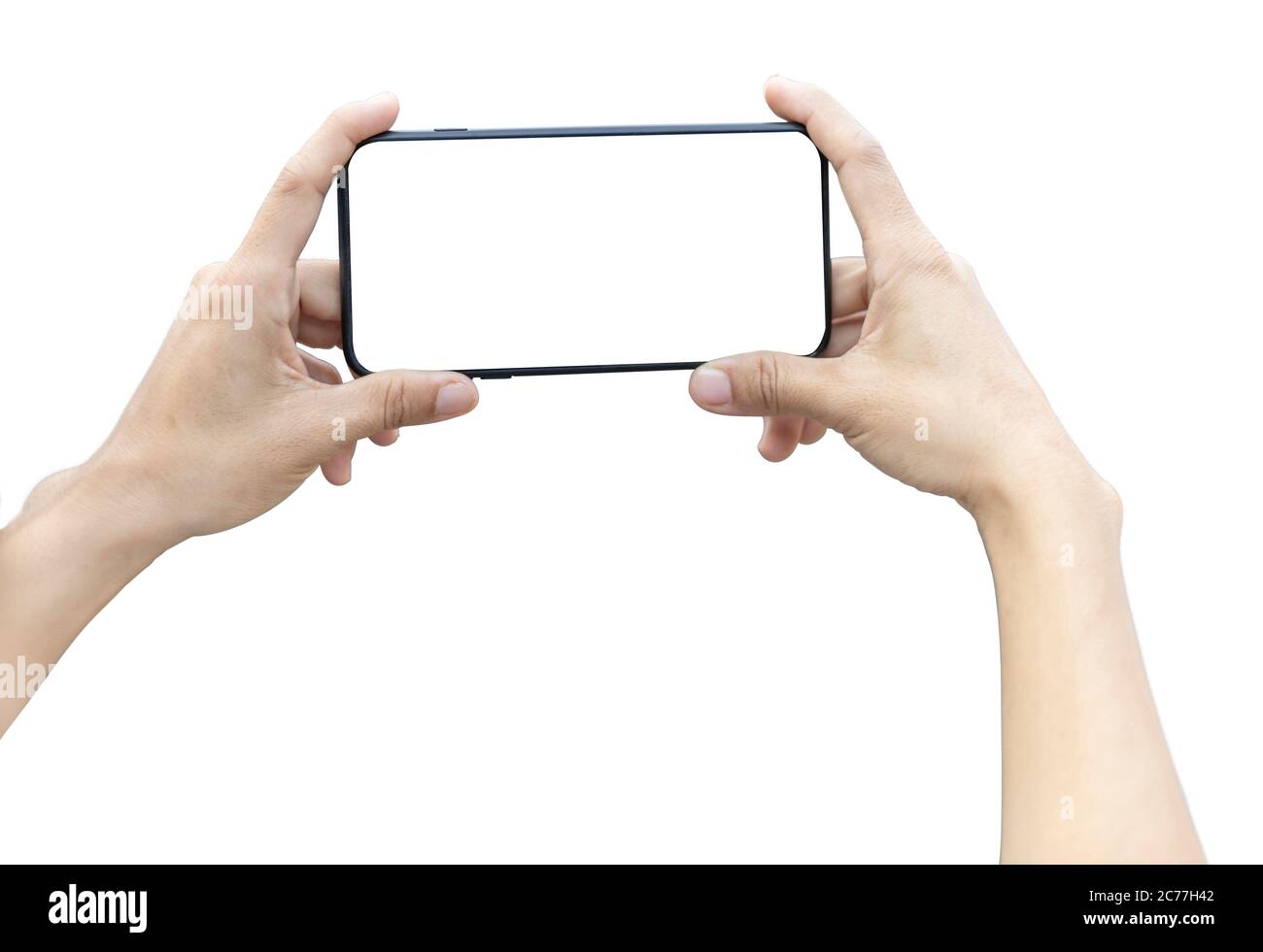 donne smartphone orizzontale con schermo vuoto per scattare una foto. isolato su sfondo bianco. Salva con tracciato di ritaglio Foto Stock