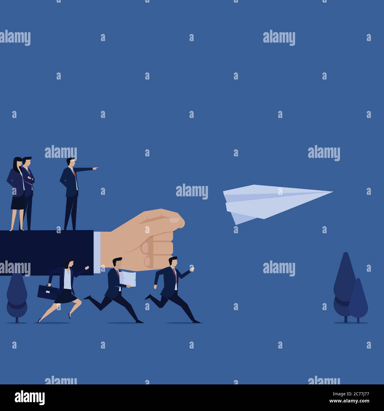 Il team di concetto vettoriale flat business esegue la metafora del piano cartaceo delle istruzioni di follow. Illustrazione Vettoriale