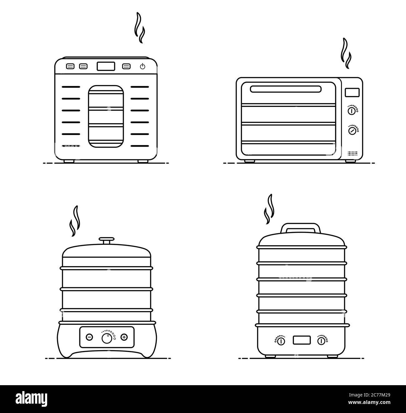 Disidratatore di alimenti elettrici. Icone di raccolta delle macchine asciugatrici. Concetto di dieta sana. Illustrazione vettoriale piatta. Illustrazione Vettoriale