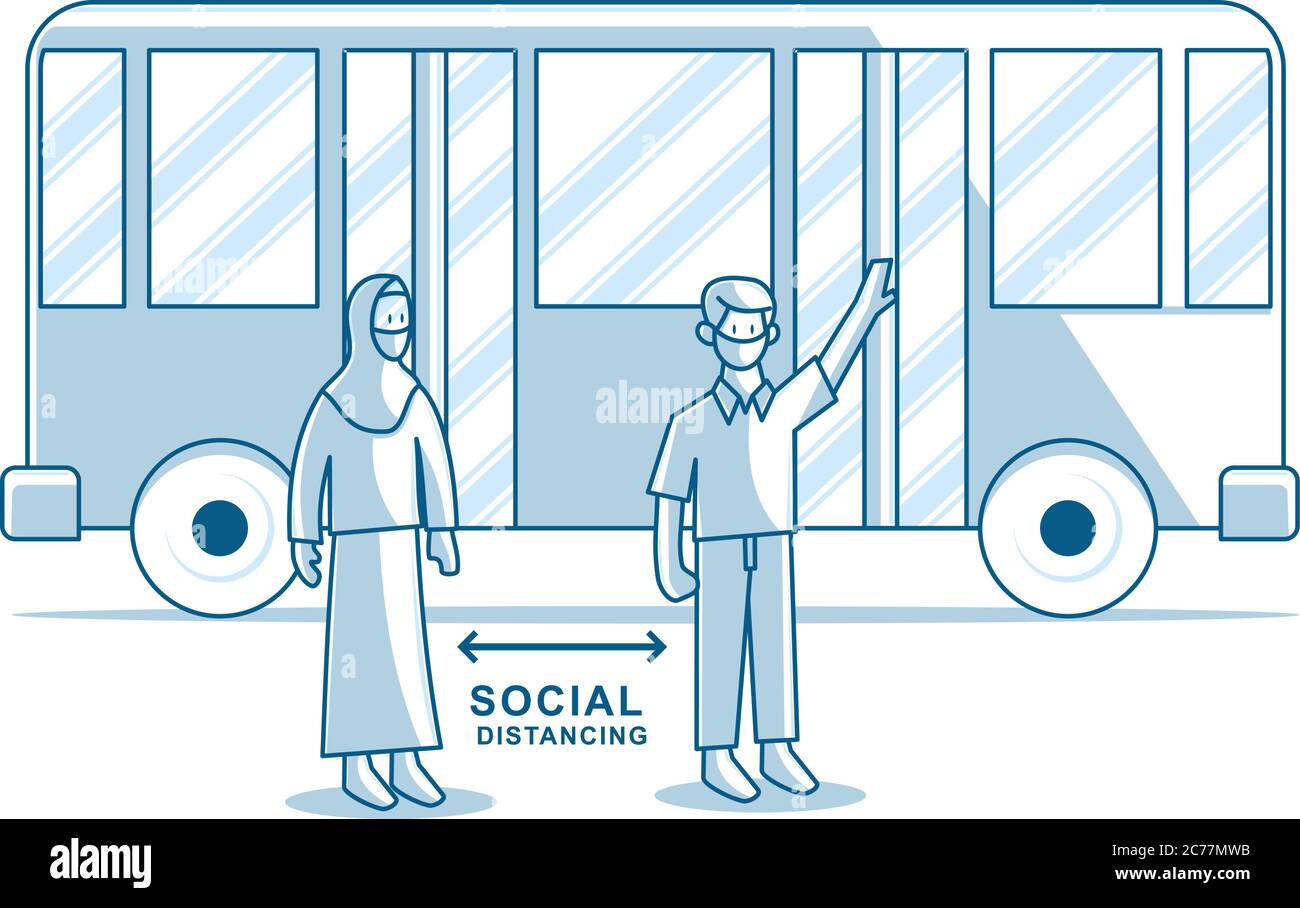 Persone che si divaricano sociale indossando maschere mediche alla fermata dell'autobus Illustrazione Vettoriale